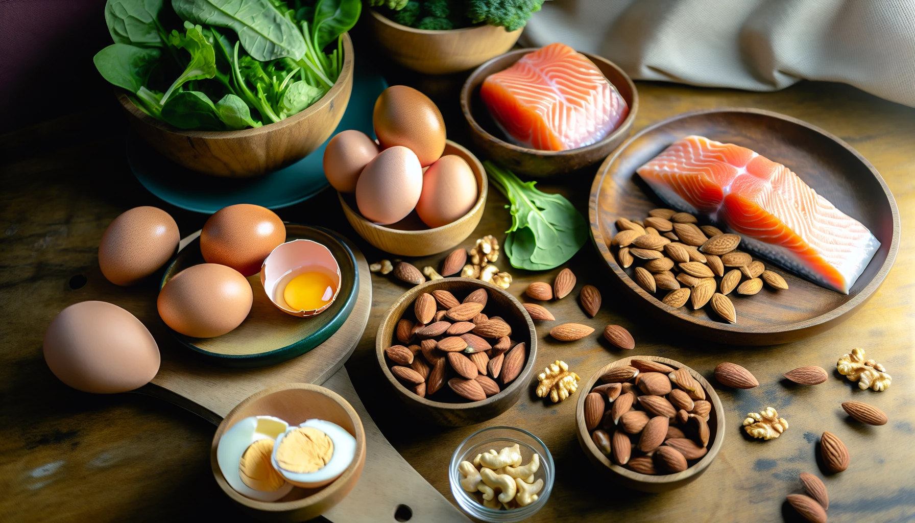 Variety of healthy foods including eggs, fish, and nuts