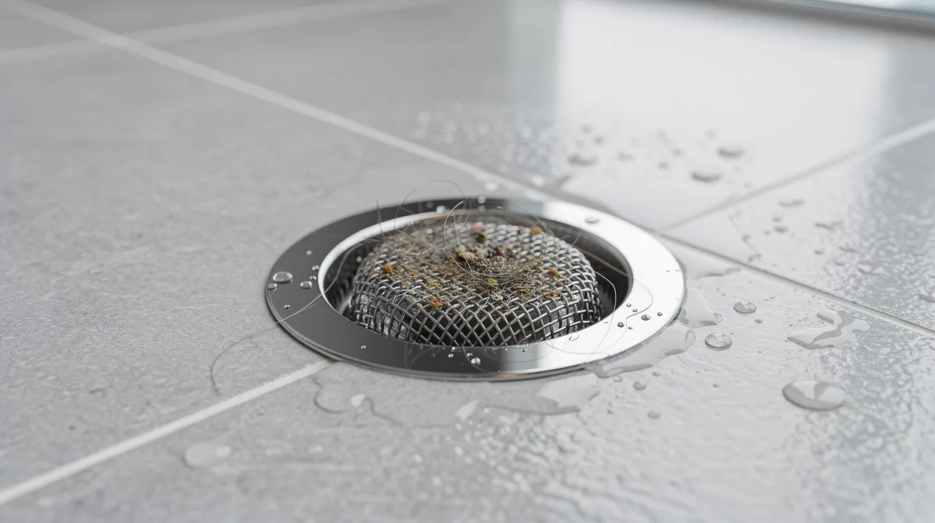 Ein metallener Abflusssiebfilter liegt in einem Duschabfluss und dient dazu, Haare und Schmutz aufzufangen, um eine Rohrverstopfung zu verhindern. Diese einfache Lösung trägt zur Hygiene bei und reduziert die Kosten für eine Rohrreinigung durch die Beseitigung von Ablagerungen im Rohrsystem.