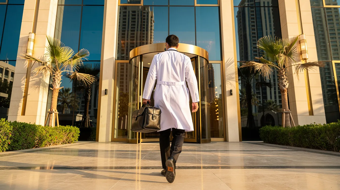 A doctor carrying a medical bag approaches the entrance of a modern residential building in Dubai, ready to provide professional medical care and home visit doctor services. This scene highlights the accessibility of urgent medical care and personalized healthcare services in the city.