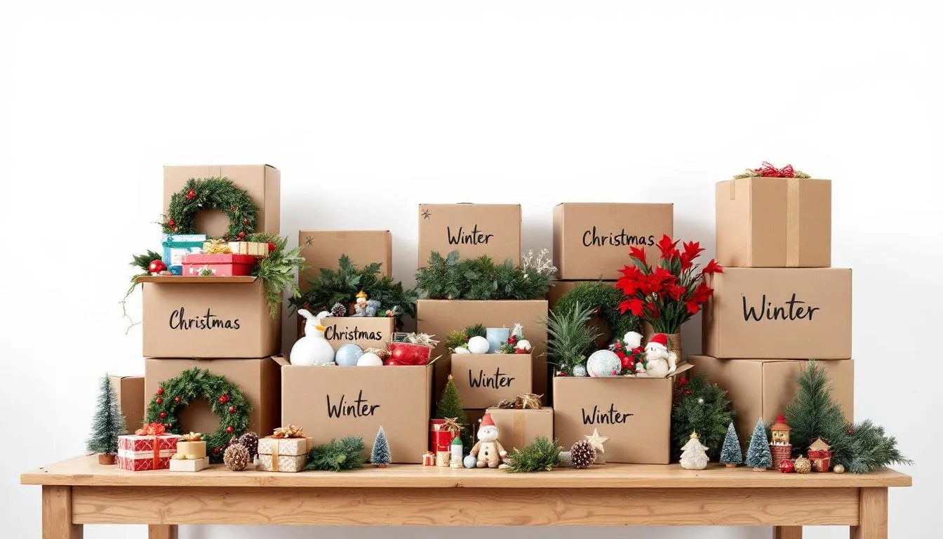 In the image, labeled cardboard boxes filled with seasonal items and decorations are neatly organized, while packing supplies like bubble wrap and packing tape are visible nearby. The packing process showcases both fragile and non-fragile items being carefully prepared for a house move.
