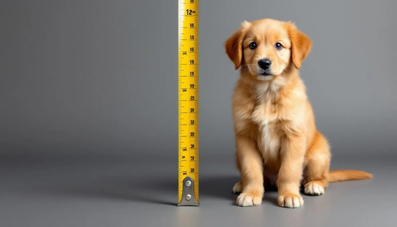 An adult toy goldendoodle stands next to a measuring tape, showcasing its typical height and proportions. This fully grown dog features a curly coat, highlighting the breed