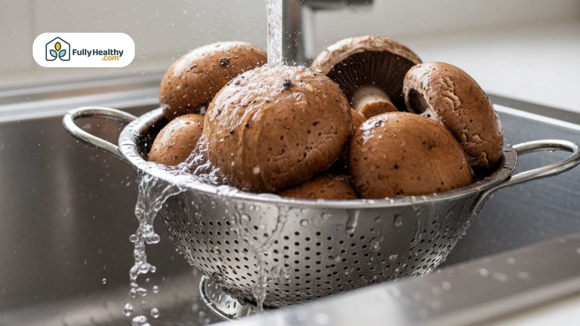 Large portobello mushrooms being rinsed in a colander.