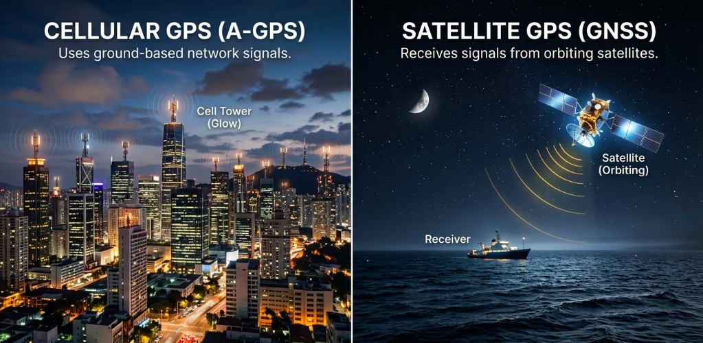 Split image comparing cellular GPS coverage in a city versus satellite GPS coverage over a remote ocean