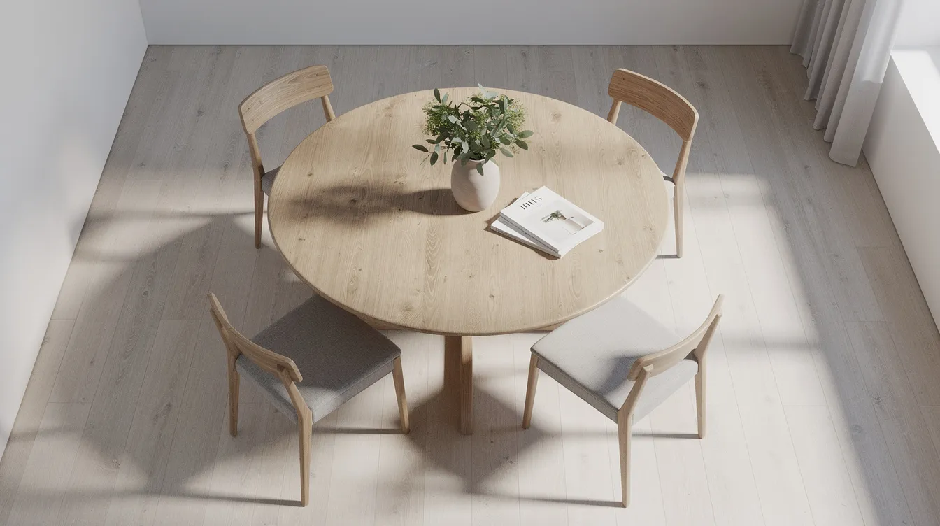 Een bovenaanzicht van een ronde houten eettafel met vier eetkamerstoelen eromheen, geplaatst in een moderne kamer. De tafel biedt voldoende ruimte en heeft een diameter van ongeveer 120 cm, perfect voor gezellige diners met vrienden of familie.