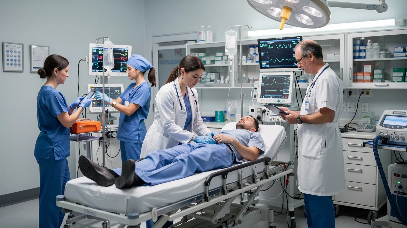 The image depicts medical professionals in a busy hospital emergency room, surrounded by various medical equipment and attending to patients. This scene highlights the critical role of healthcare workers in managing serious injuries, which can often arise from incidents such as truck accidents.