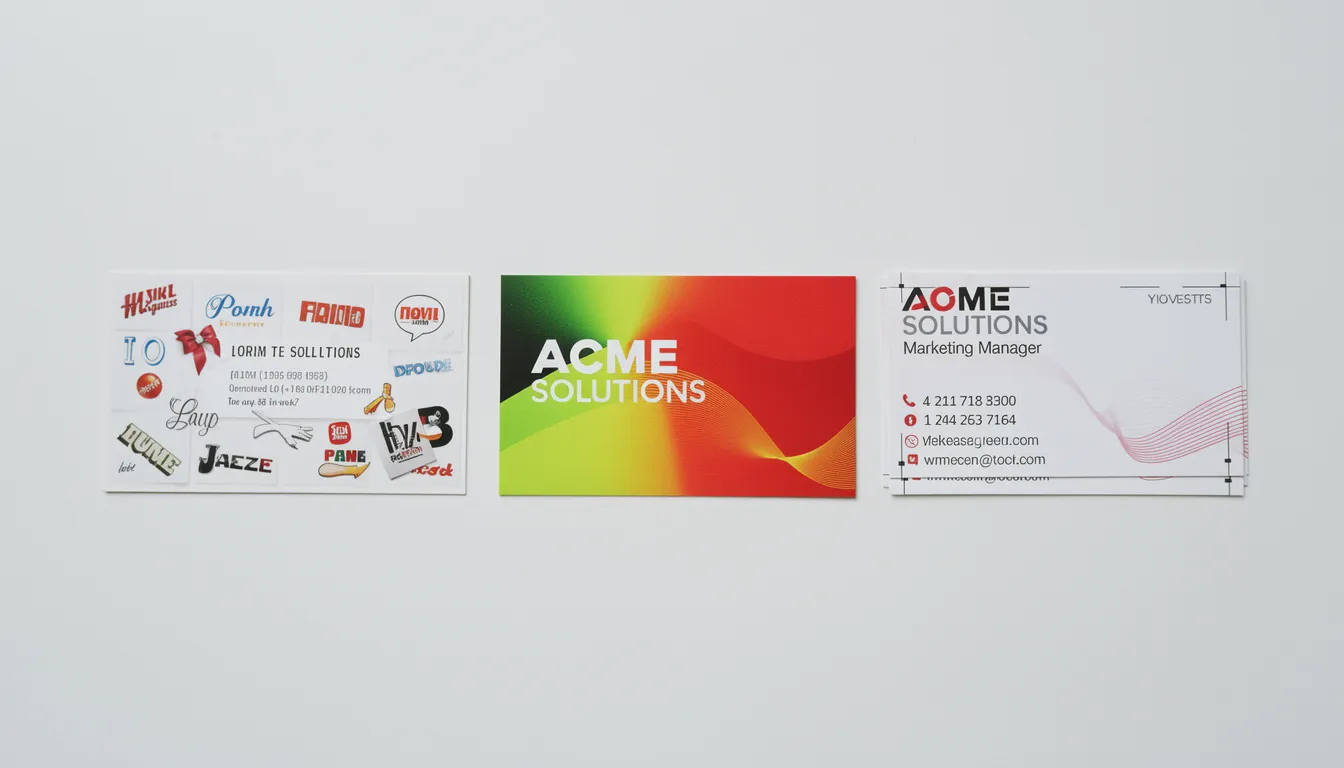The image displays a collection of business cards that illustrate common design mistakes, featuring cluttered layouts, poor color choices, and overwhelming graphics. These examples highlight the importance of a professional and simple design to create a lasting impression on potential clients.
