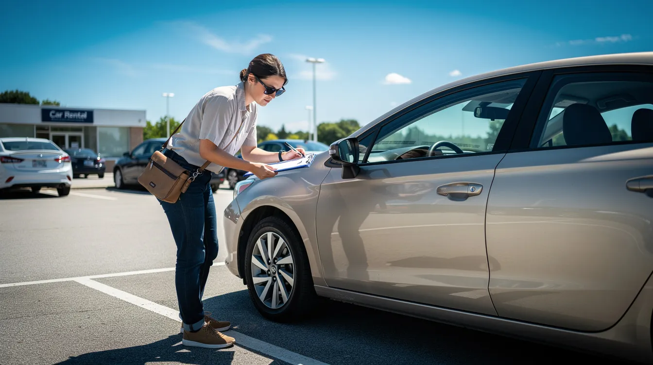A person is inspecting a rental car in a sunny parking lot, carefully checking the exterior bodywork for any damages. This scene captures the process of renting a car in Tangier, where individuals often seek quality vehicles from car rental companies for their Moroccan adventures.
