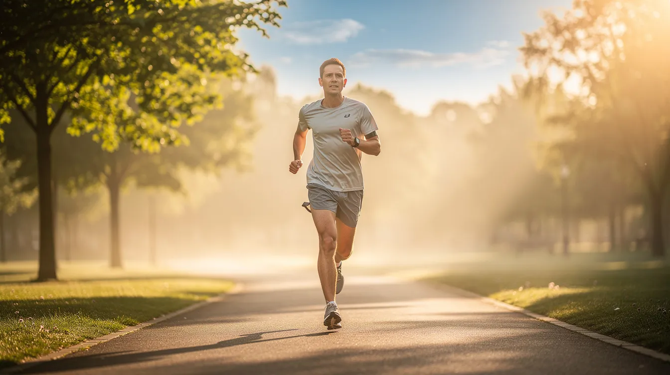 A person is jogging outdoors in the morning sunlight, surrounded by trees and a clear blue sky, promoting physical and mental health through exercise. This scene reflects the importance of maintaining a consistent sleep schedule and healthy sleep habits for optimal sleep quality and overall well-being.