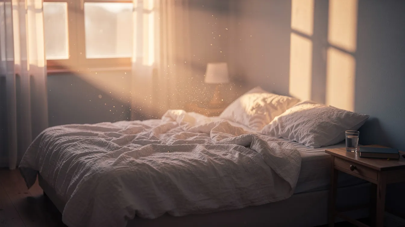 The image depicts warm sunrise light streaming through a bedroom window, illuminating the space and creating a serene atmosphere conducive to quality sleep. This gentle light exposure may help regulate the body&rsquo;s internal clock and promote a healthy sleep-wake cycle.