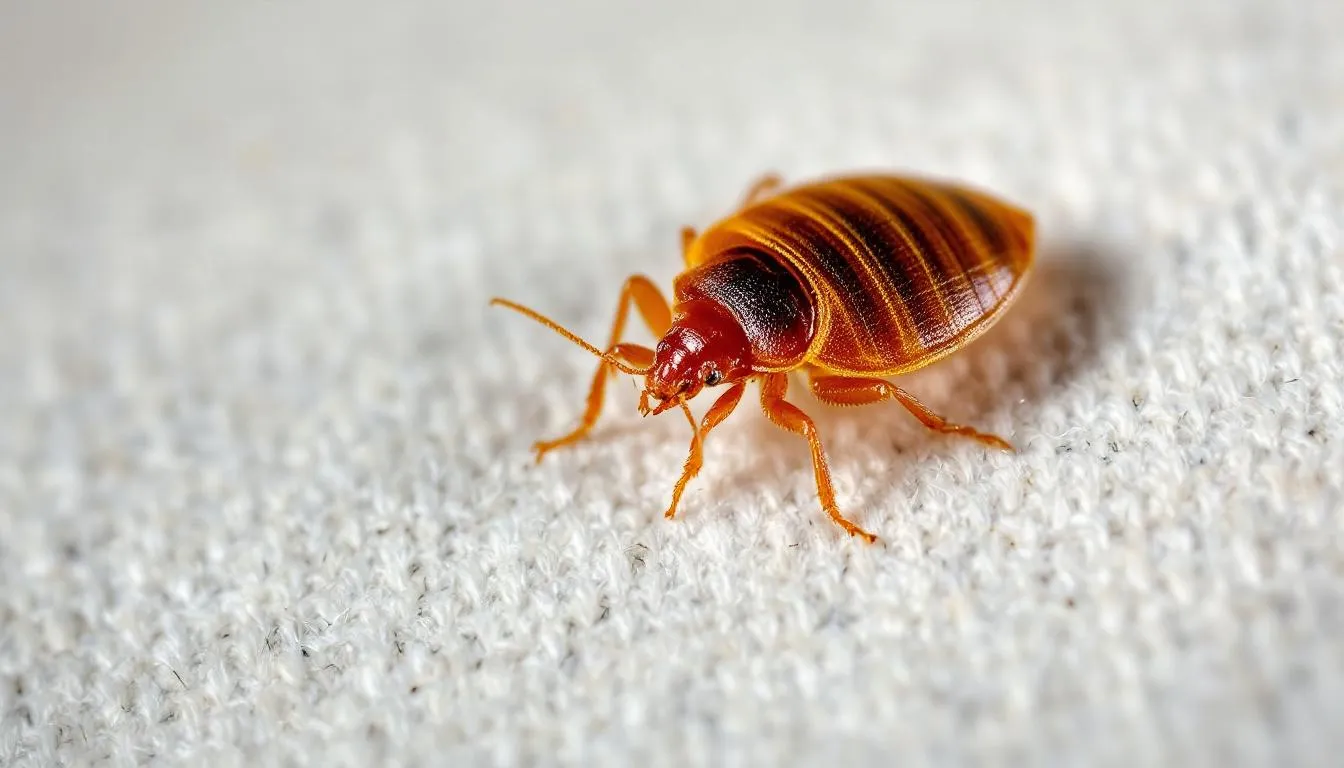 A close-up view of a bed bug on fabric reveals its reddish-brown coloring and oval shape, highlighting the presence of these destructive insects that can cause itchy bites and significant property damage. This image emphasizes the importance of professional pest control services for effective bed bug treatment and elimination.