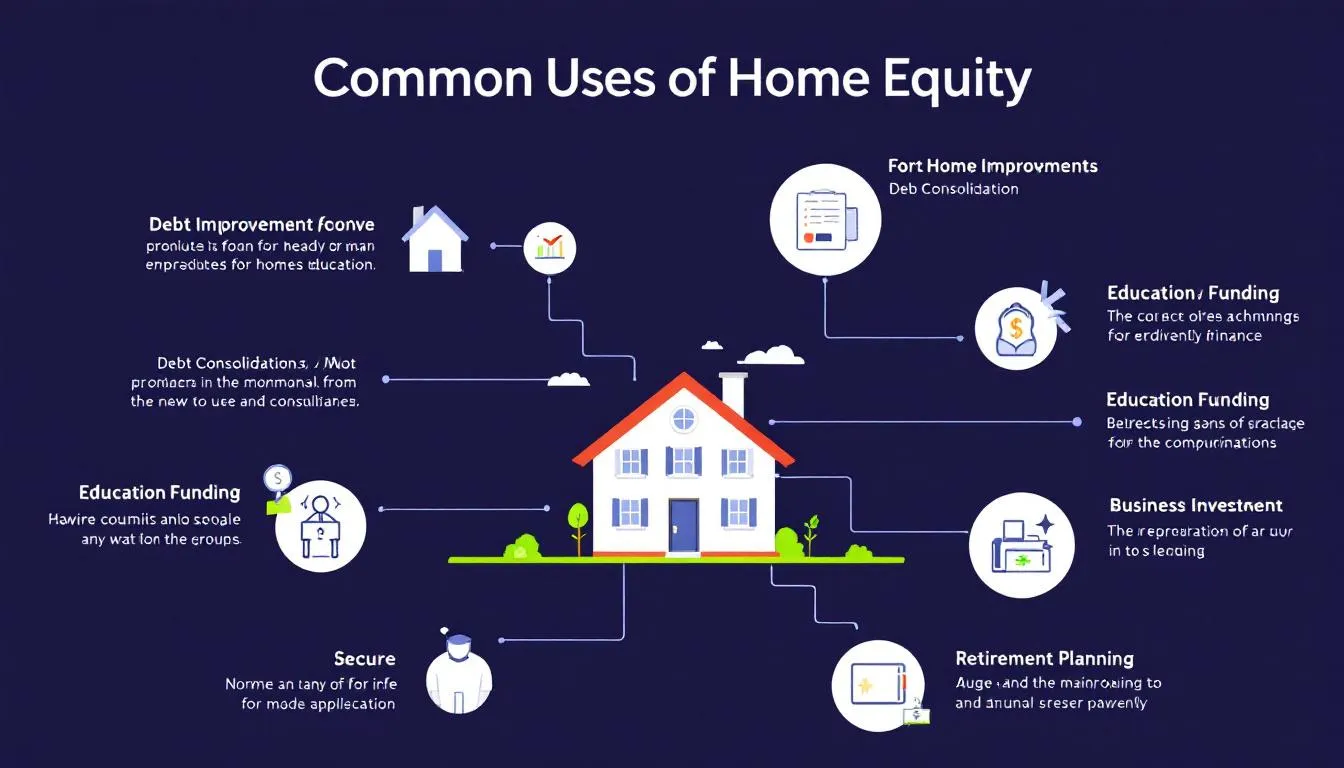 Imagem ilustrativa dos usos comuns para home equity, mostrando várias opções de investimento.