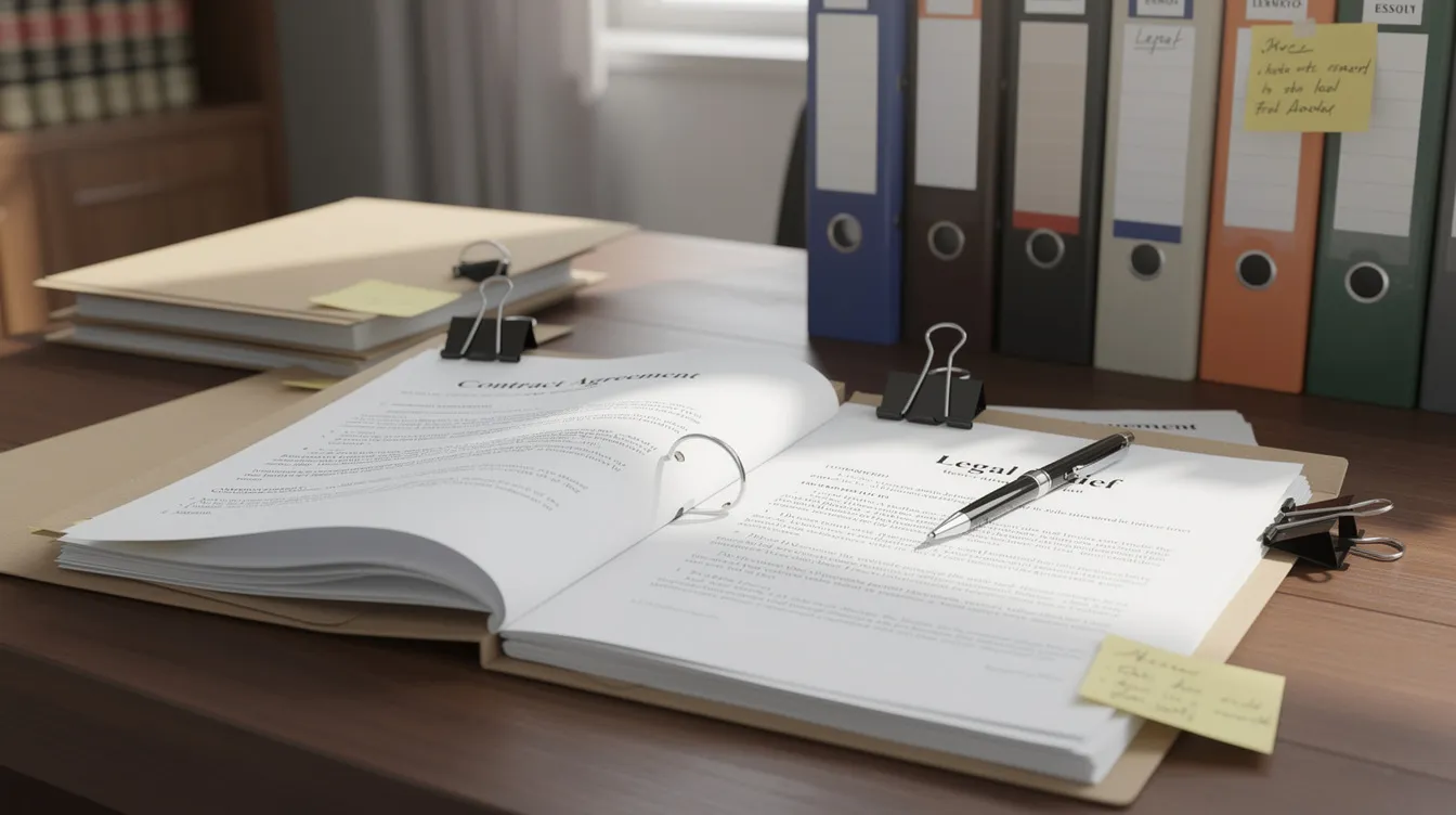 The image shows a cluttered desk filled with various legal documents and folders, indicative of the litigation process involved in civil lawsuits. These materials may include complaints, evidence, and other pleadings relevant to a civil case, highlighting the complex nature of the court system and the preparation required for trial.