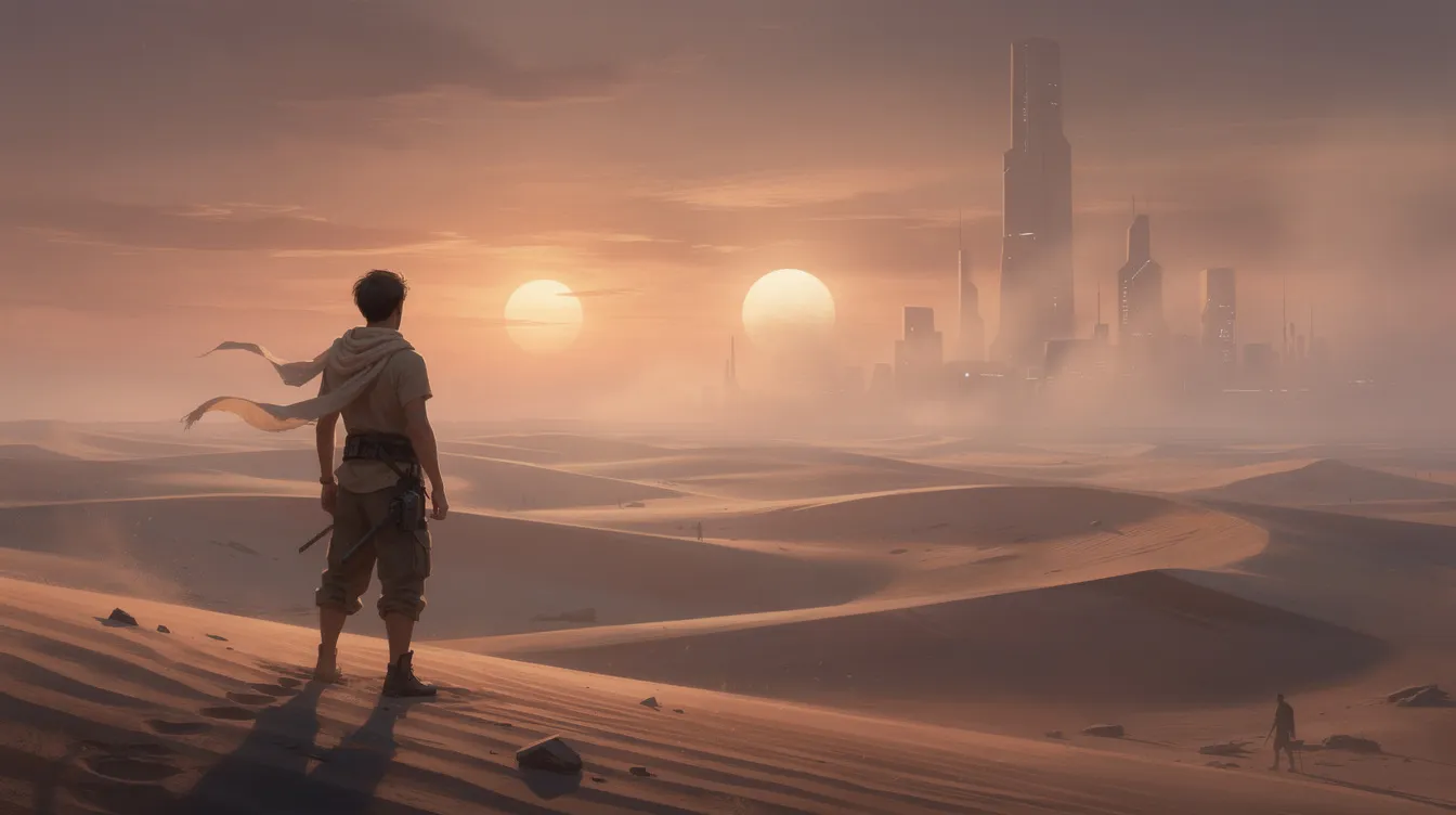 Eine futuristische Konzeptzeichnung zeigt einen Wüstenplaneten mit Doppelsonnen am Horizont. Ein junger Mann steht in der sandigen Landschaft und blickt in die Ferne, während entfernte Gebäude die Kulisse bilden, die an das Star Wars-Universum erinnert.