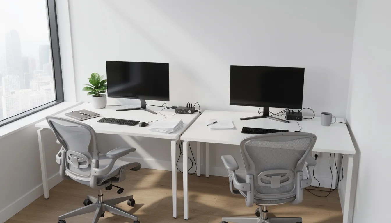 The image depicts a modern small office workspace featuring sleek desks with computers, creating an organized environment for small business owners. This setup emphasizes the importance of having the right business insurance coverage to protect physical assets and ensure financial stability.
