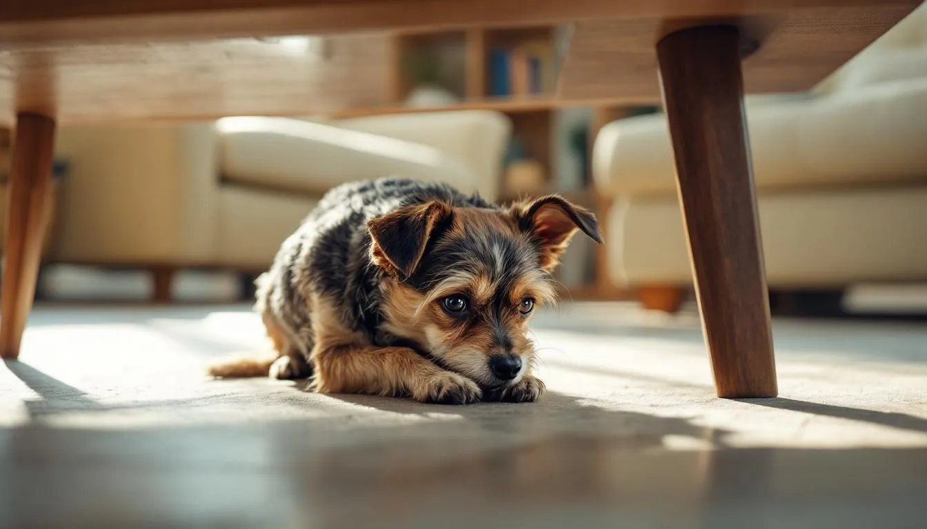 An anxious dog is hiding under a piece of furniture, displaying avoidance behavior as a response to its anxiety. This scene illustrates the common symptoms of dog anxiety, where the dog seeks a safe space to cope with its fear or stress.