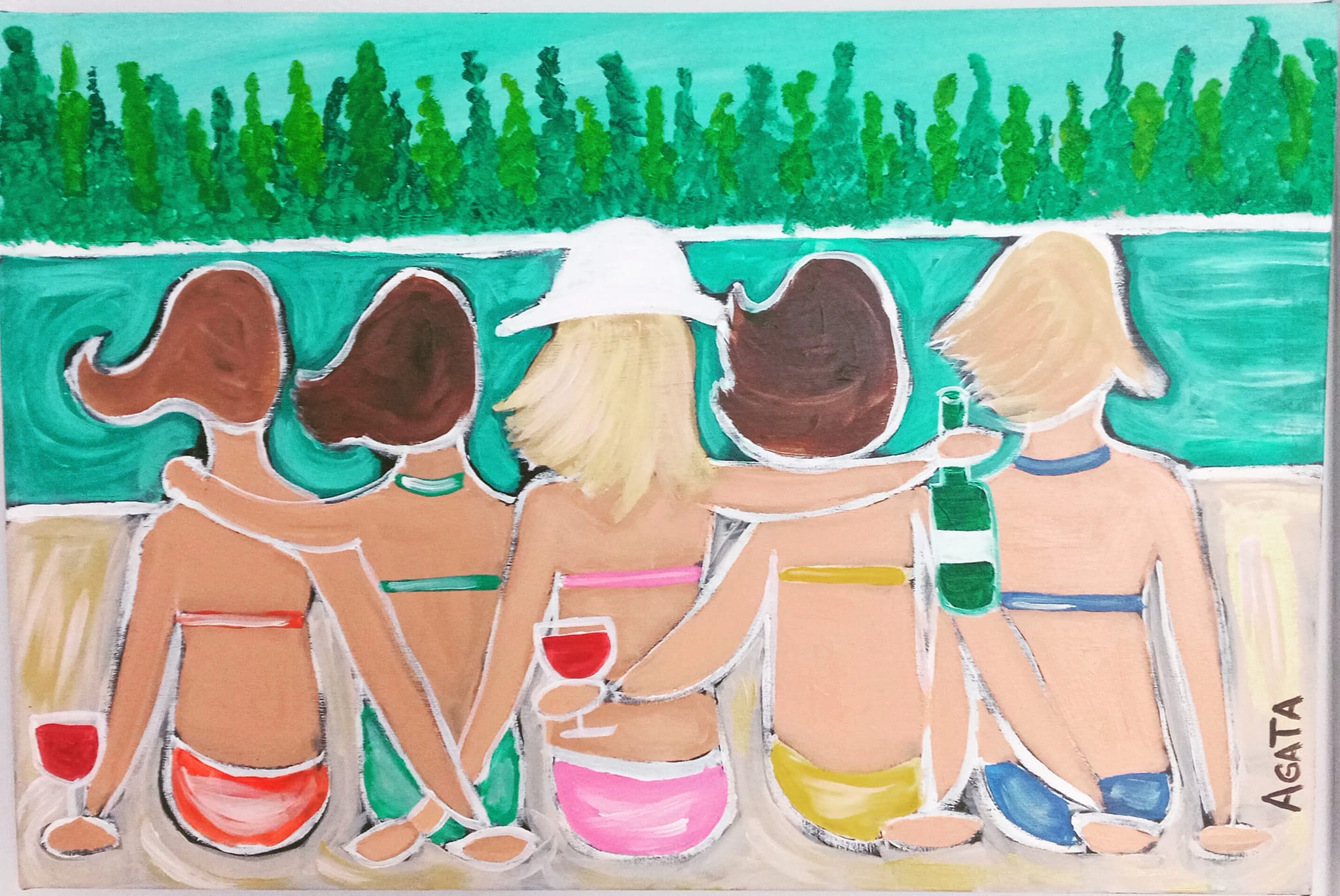 painting of women in bathing suits with wine