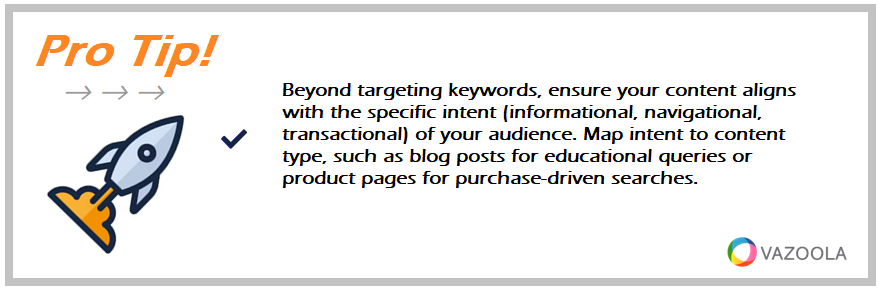 Beyond targeting keywords, ensure your content aligns with the specific intent (informational, navigational, transactional) of your audience. Map intent to content type, such as blog posts for educational queries or product pages for purchase-driven searches.