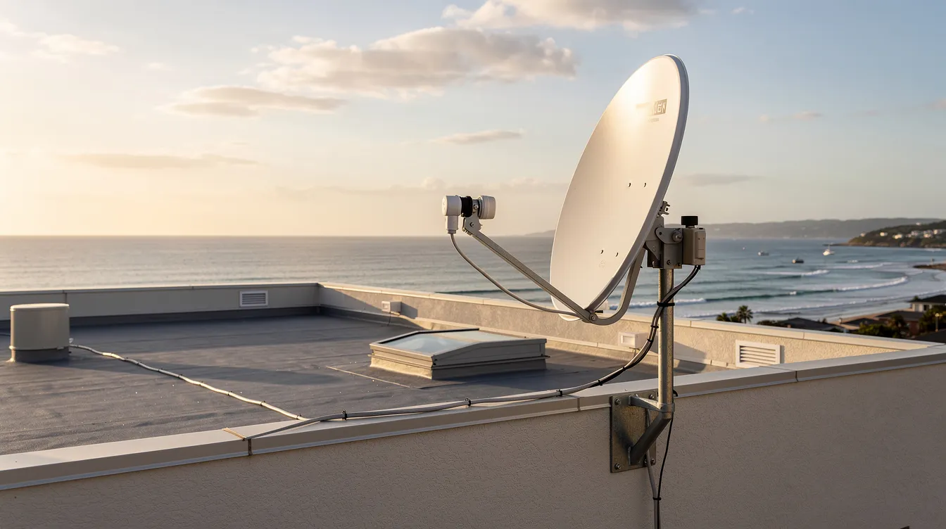 A satellite dish is securely mounted on a residential rooftop overlooking the ocean, symbolizing professional DSTV installation services in Strandfontein. The image captures the serene coastal environment, emphasizing the importance of optimal signal reception for uninterrupted entertainment.