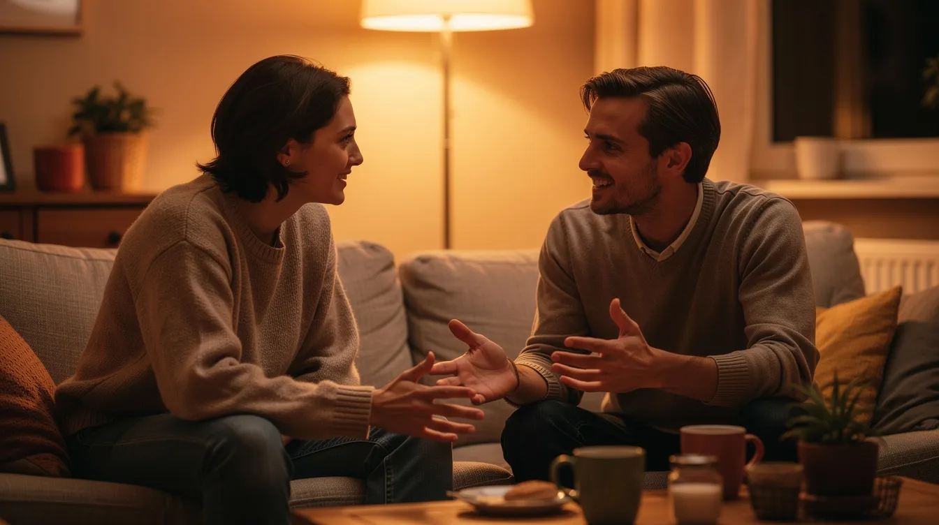 Recognizing Non Verbal Cues for Consent: Reading Body Language Safely 2 - Consent Culture The image depicts two people sitting on a couch in warm lighting, engaged in a relaxed face-to-face conversation, demonstrating positive body language and nonverbal cues that suggest they are on the same page and mutually understanding each other's boundaries. Their comfortable interaction reflects a healthy communication dynamic, emphasizing the importance of consent in any relationship.