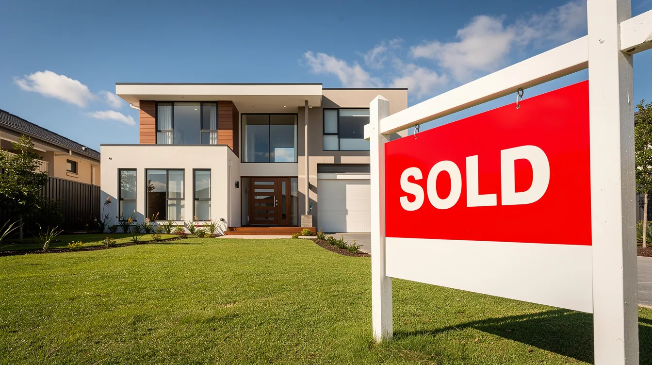 The image depicts a modern residential property with a bright blue sky in the background and a "Sold" sign prominently displayed in front, indicating a successful real estate transaction. This scene reflects the thriving market for investment properties, where real estate investors often utilize hard money loans for quick financing solutions.