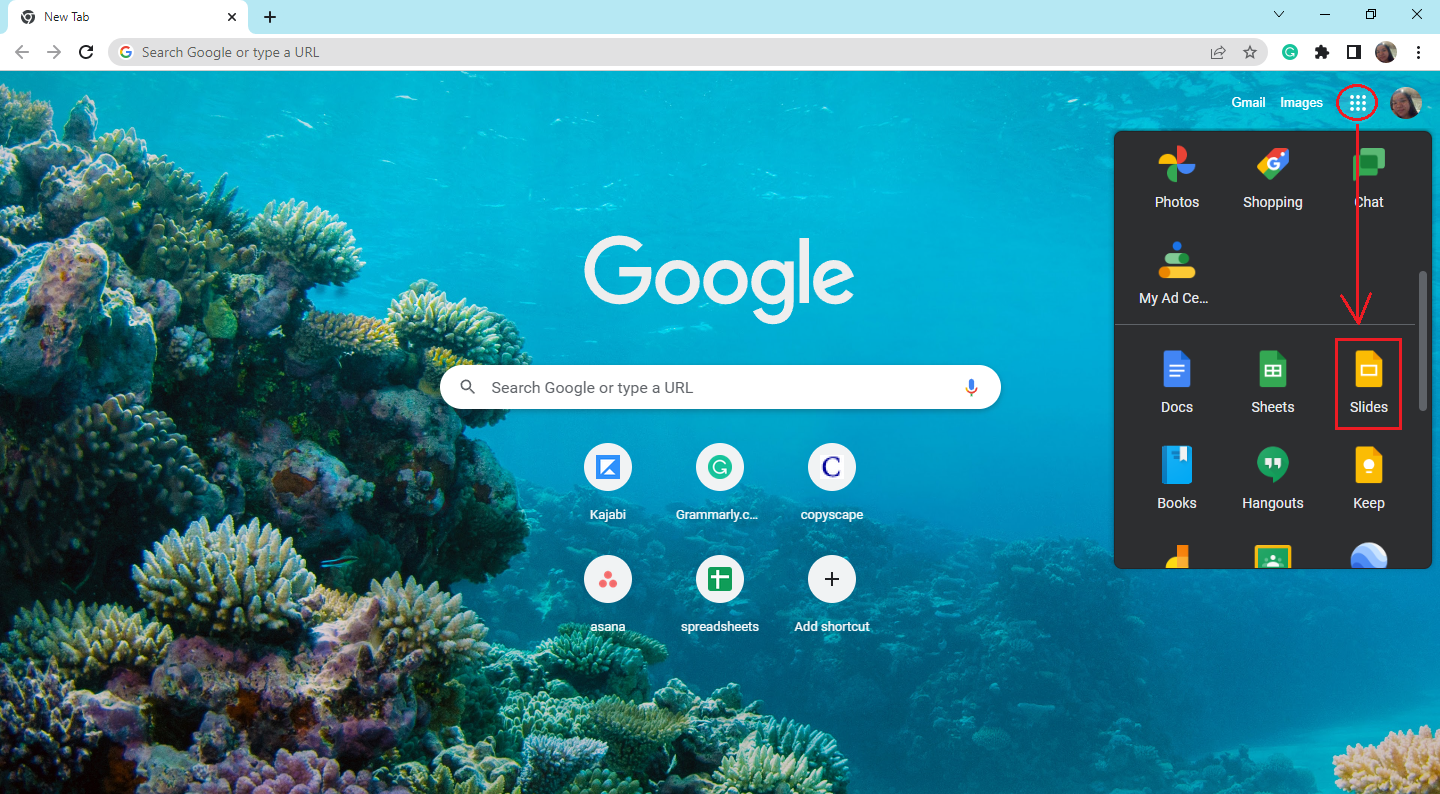 In your Google Chrome, click the app button and select Google Slides.