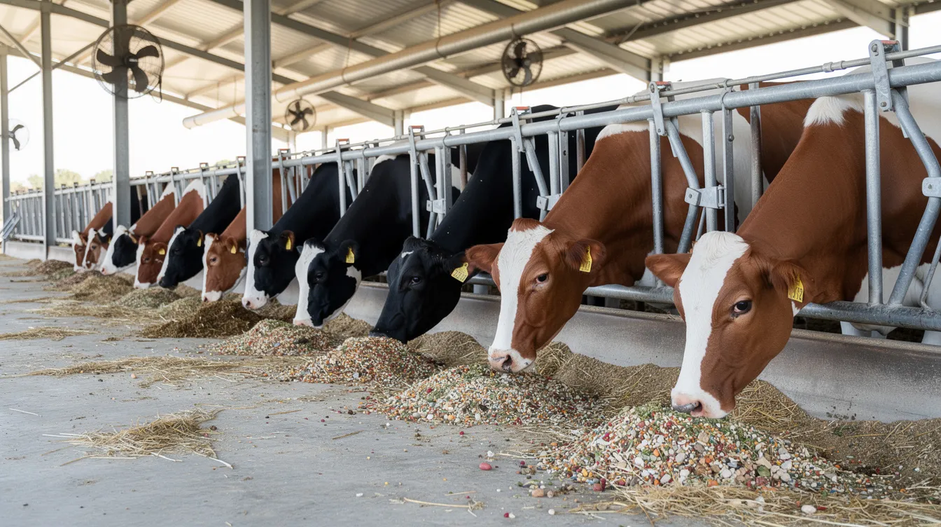 A group of dairy cows is feeding from a long metal trough inside a modern covered cattle shed, where they are provided with high protein cattle feed, such as corn ddgs and distillers grains, essential for their nutritional needs and milk production. The shed's design ensures a comfortable environment for the cattle while facilitating the efficient delivery of animal feed.