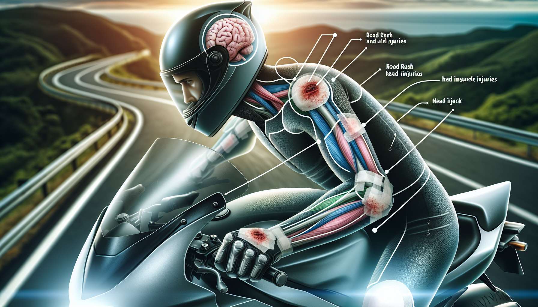 Illustration of different types of injuries sustained in motorcycle accidents.