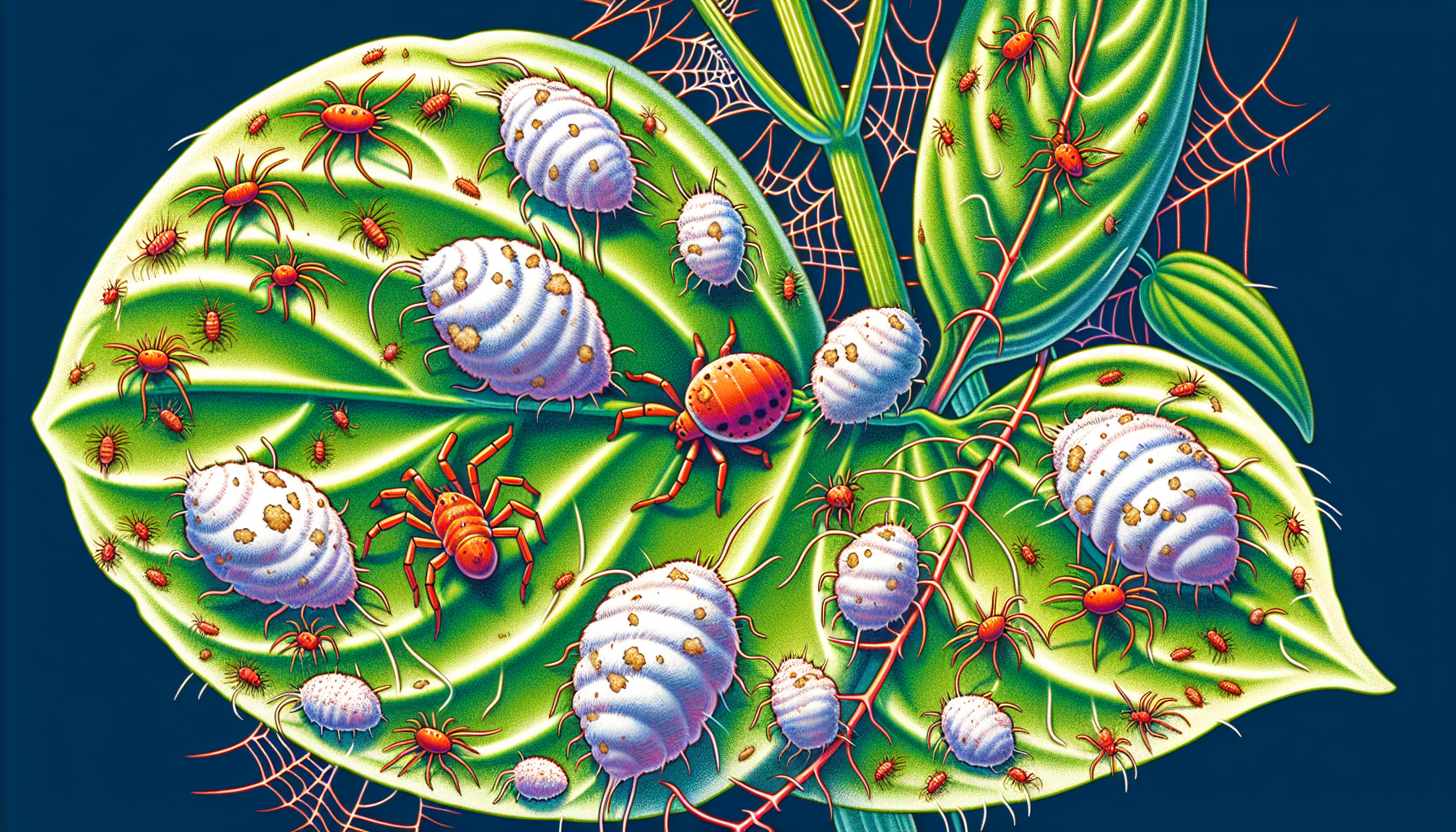 Cartoon illustration of mealybugs and spider mites on plant leaves