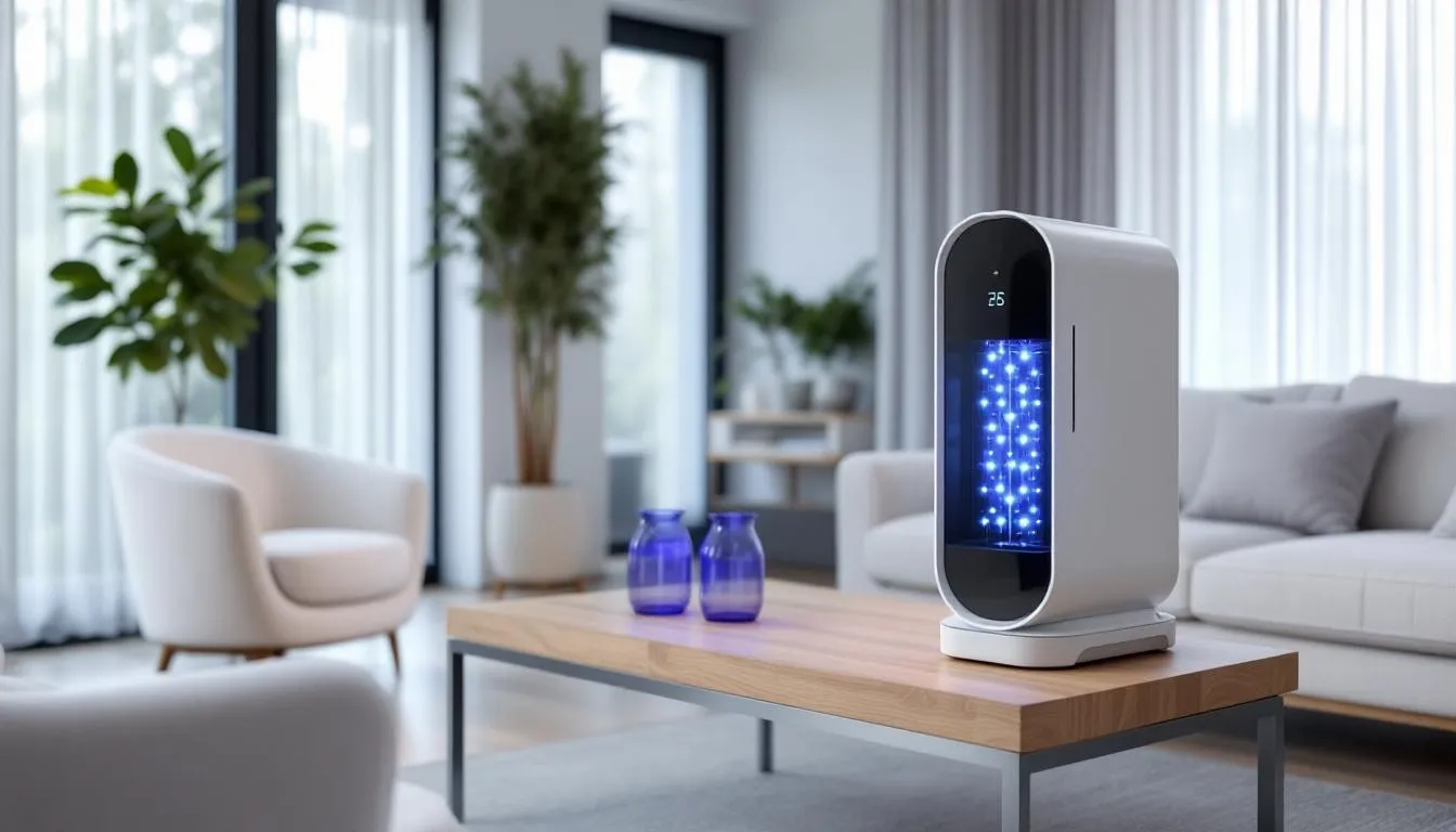 In a modern living room, a hydroxyl generator machine is actively operating to eliminate unpleasant odors, such as smoke and pet smells, by using hydroxyl radicals to break down odor molecules in the air. This professional odor removal service aims to improve indoor air quality and address persistent odor issues effectively.
