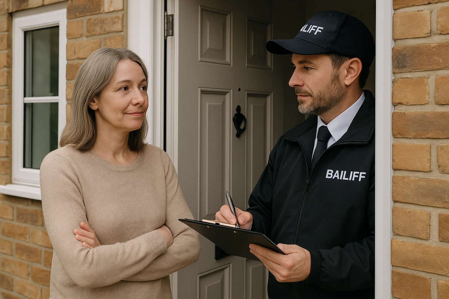 Homeowner calmly speaking to a bailiff at the door, learning what bailiffs are legally allowed to do.