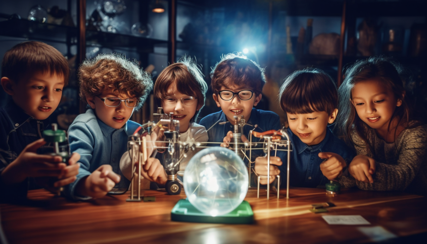 An image of a group of kids participating in interactive experiments during their physics classes for kids