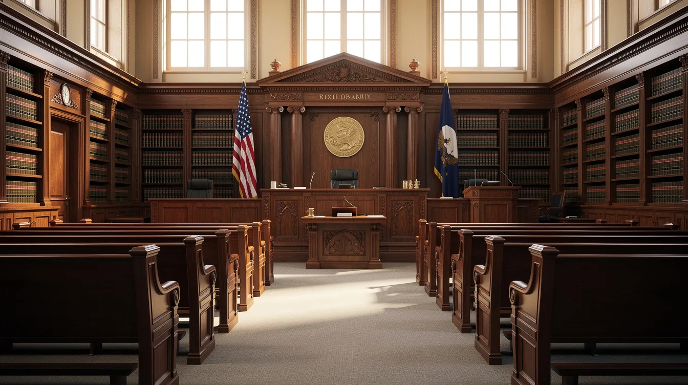 The image depicts a formal courtroom interior featuring polished wooden benches and shelves filled with legal texts, symbolizing the environment where justice is sought in cases such as class action lawsuits and judicial reviews. The setting emphasizes the importance of legal proceedings for UK businesses and individuals seeking to gain access to justice and support their claims.