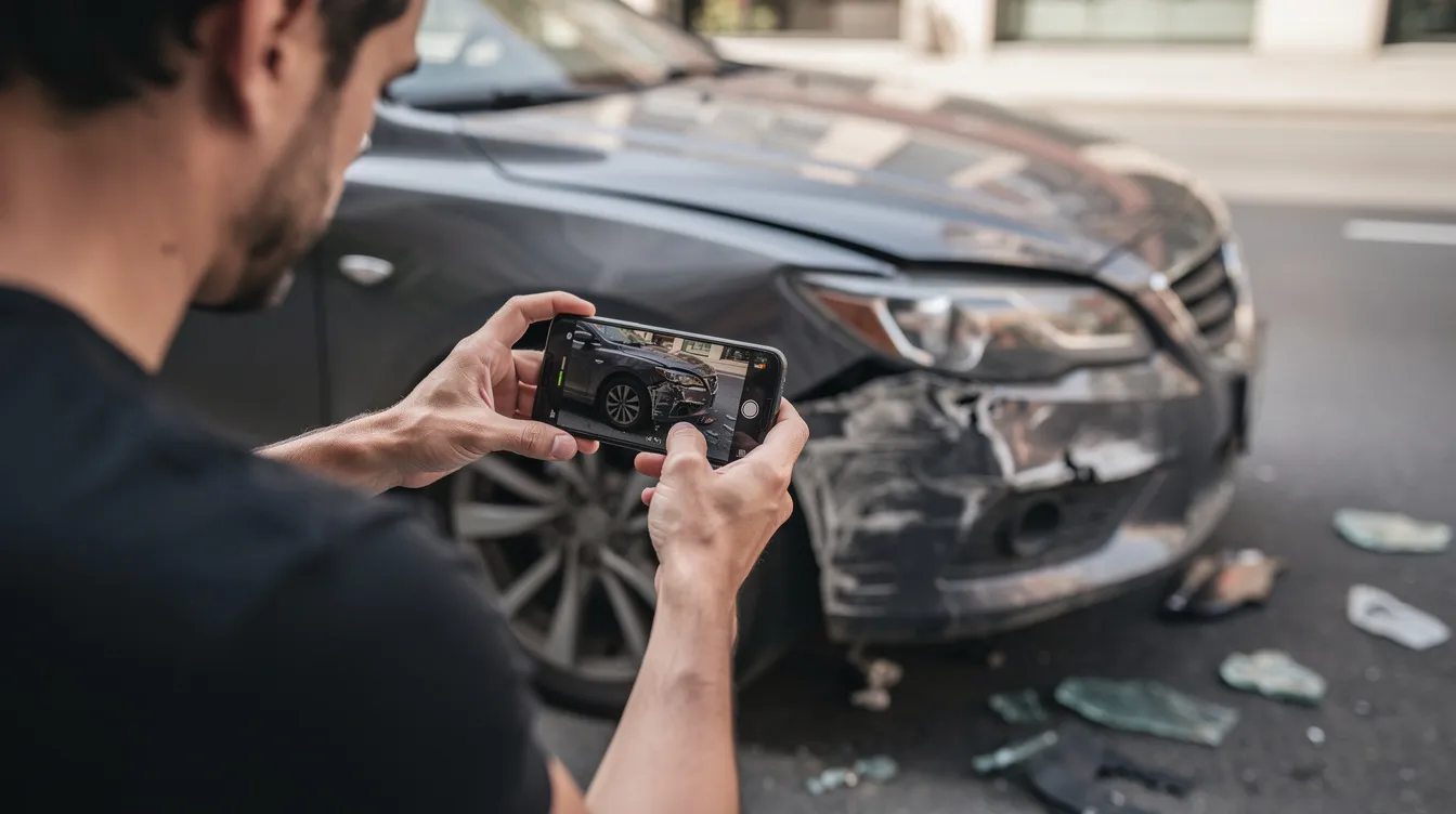 The image shows a person using a smartphone to document vehicle damage at the scene of an accident, highlighting the importance of providing reasonable assistance and exchanging information with the other driver involved. This action is crucial for addressing potential personal injury claims and ensuring compliance with local traffic laws.