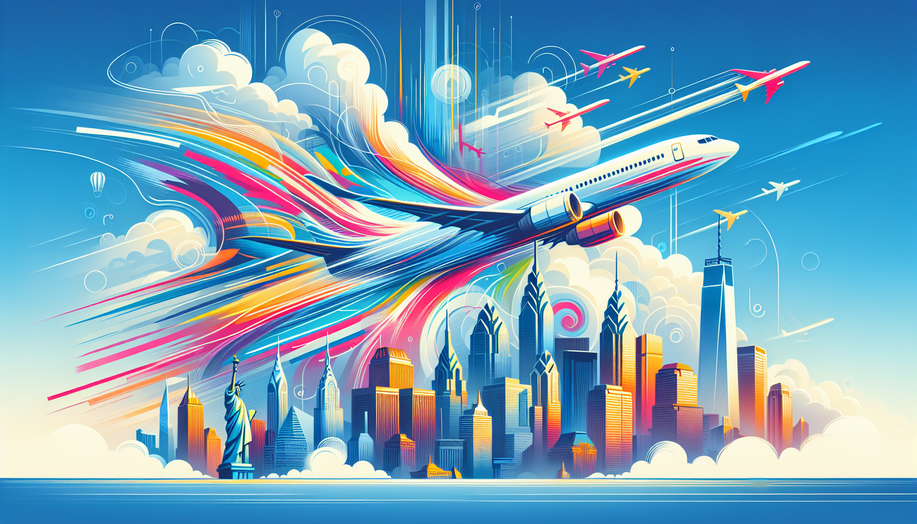 An illustration of popular airlines flying from New York to Philadelphia.