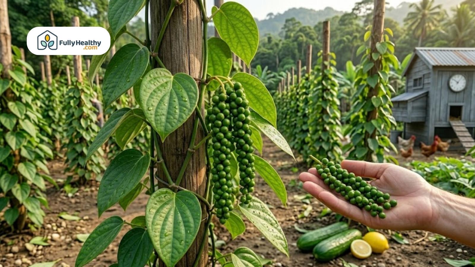 Green peppercorn clusters growing on vine in tropical farm with wooden supports