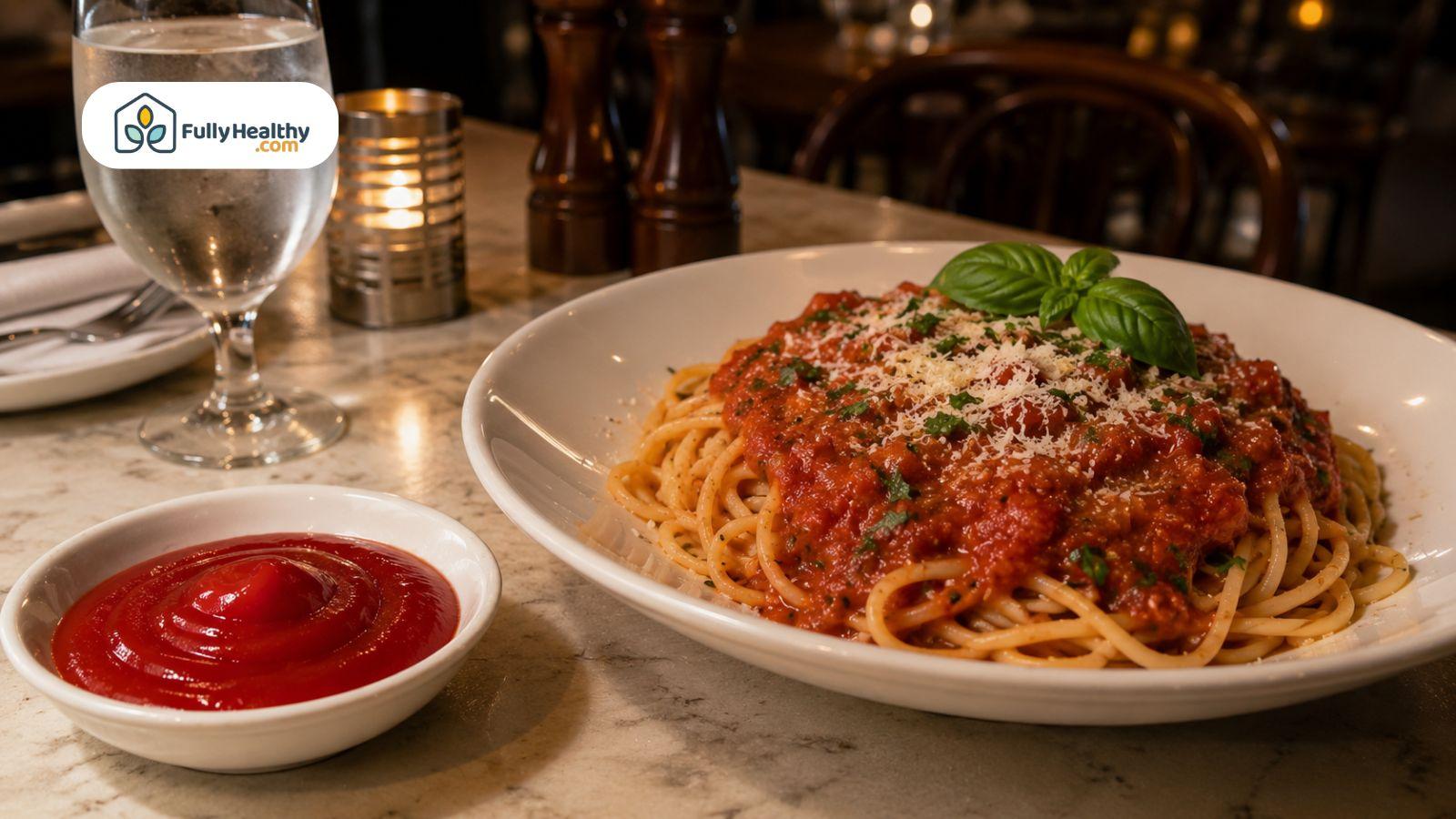Bowl of ketchup beside plated spaghetti with rich tomato sauce