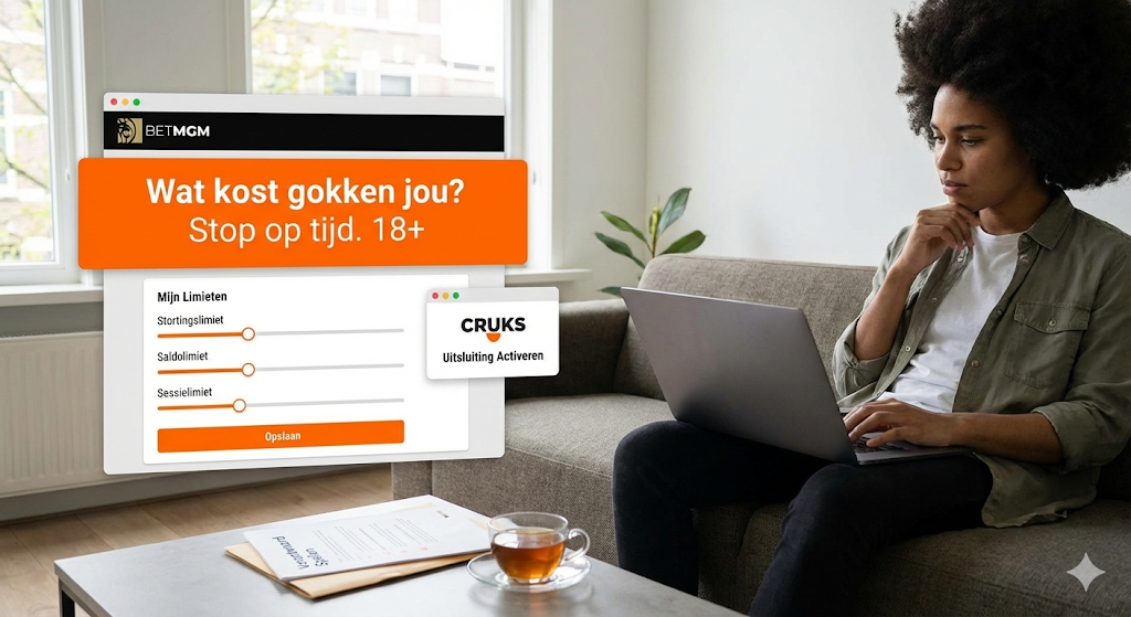 Vrouw stelt stortings-, saldo- en sessielimieten in bij een legale online bookmaker zoals BetMGM, met melding “Wat kost gokken jou? Stop op tijd 18+” en CRUKS-uitsluiting, voorbeeld van verantwoord wedden bij Nederlandse bookmakers onder toezicht van de Nederlandse Kansspelautoriteit.
