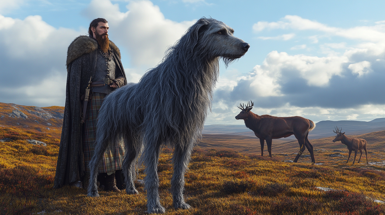 An historical image of the Scottish Deerhound with the highlands background and it's traditional prey