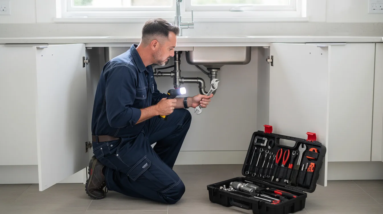 A professional plumber is inspecting pipes under a kitchen sink, equipped with various tools to assess the plumbing system for potential issues. This image highlights the importance of emergency plumbing services in addressing residential plumbing needs efficiently.