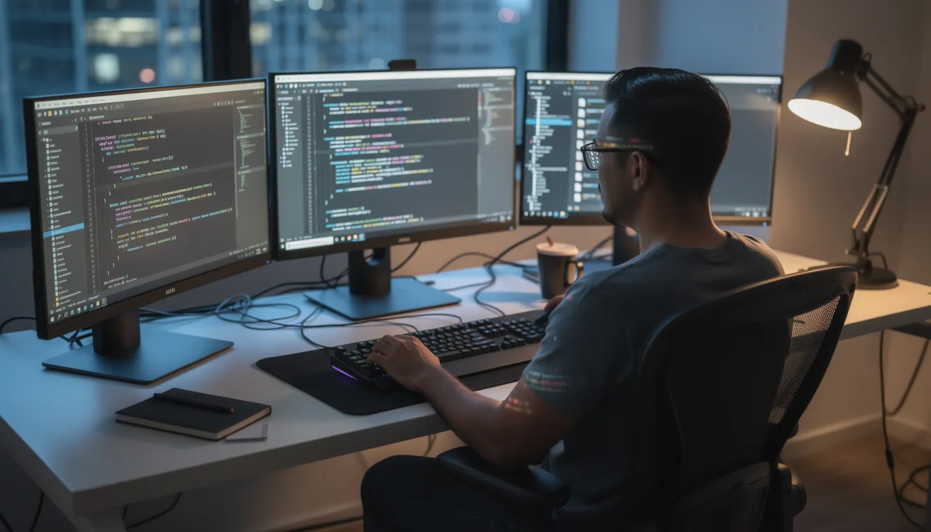 A developer is seated at a desk surrounded by multiple monitors displaying lines of code, likely working on a Shopify theme editor to customize an online store's layout and functionality. The setup suggests a focus on enhancing page speed and user experience through various theme sections and templates.