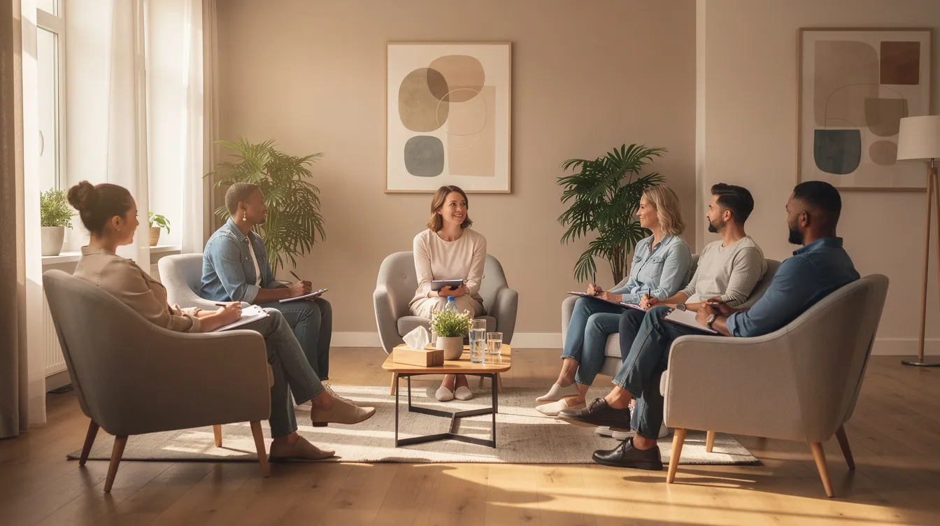 A group therapy session takes place in a bright room filled with natural light, featuring comfortable seating arrangements. Participants engage in supportive discussions, addressing mental health challenges and fostering healthy relationships as part of their recovery journey.
