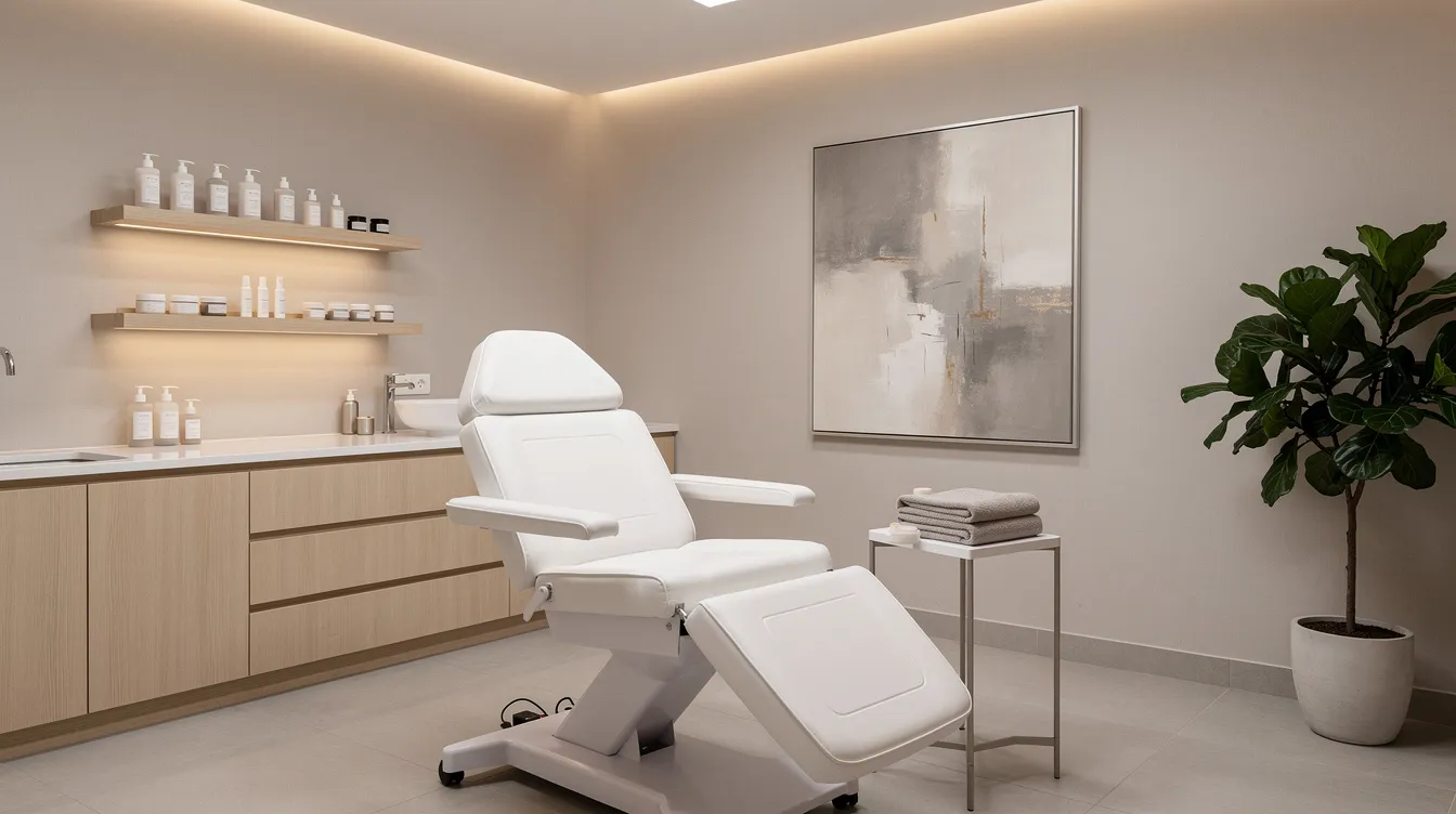 The image depicts a serene, modern treatment room designed for a med spa, featuring soft lighting and a plush facial chair, ideal for clients seeking treatments like dermal fillers and chemical peels. This calming space in Exton, PA, invites individuals interested in achieving glowing skin and reducing wrinkles to consult with a kind and professional team about their skincare goals.