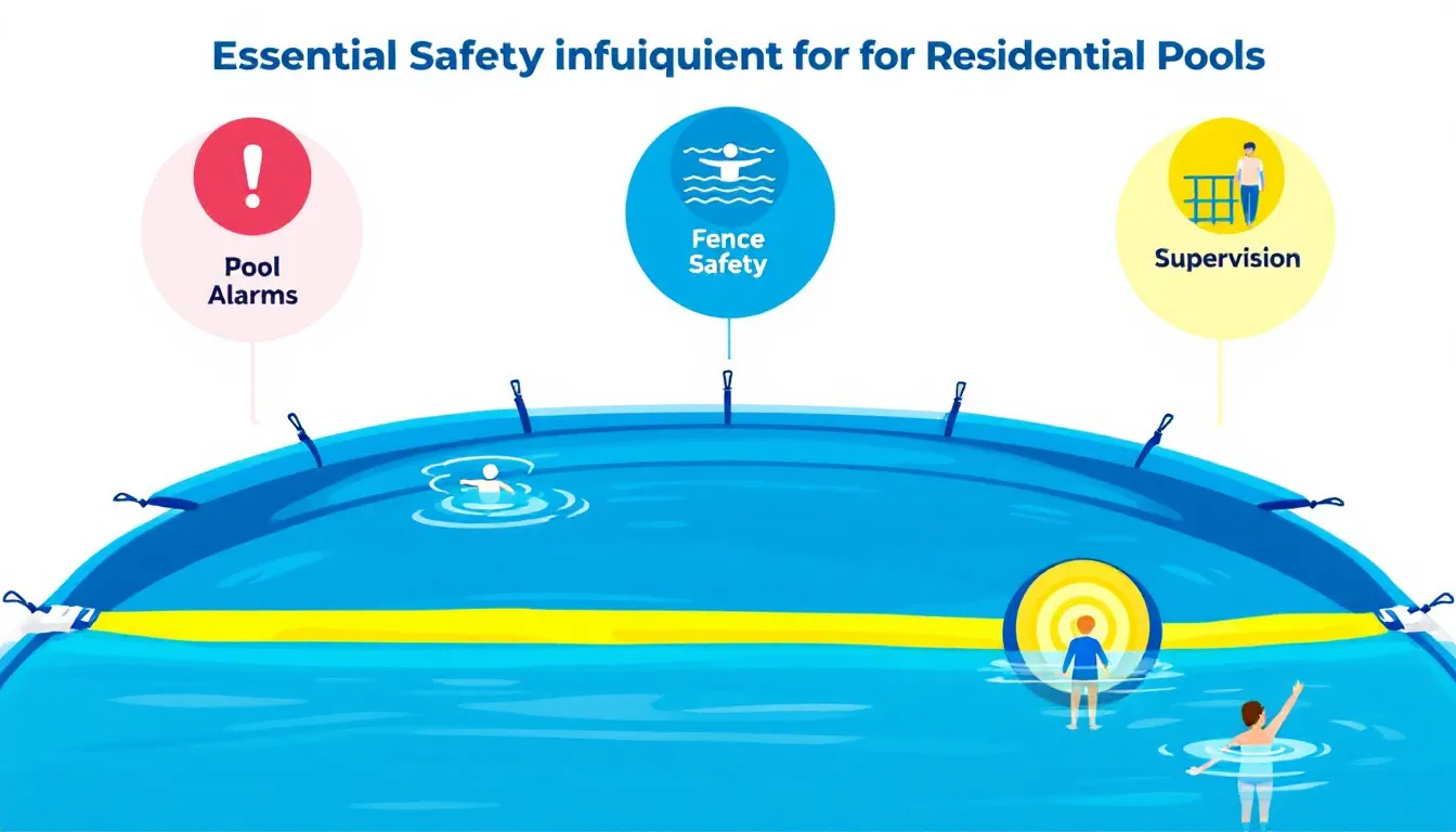 Essential safety equipment for residential pools including pool covers and alarms.