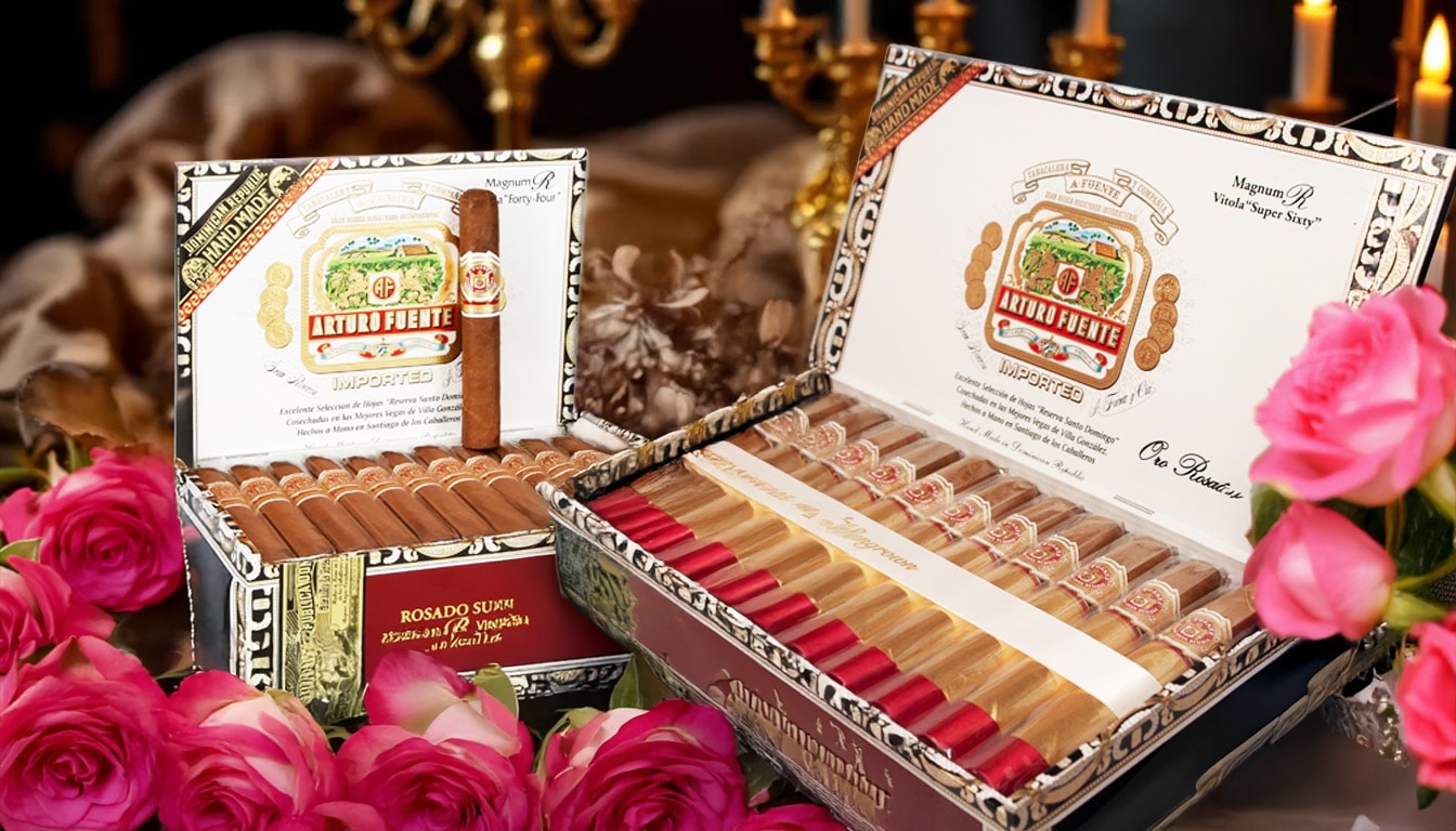 A collection of Arturo Fuente cigars displayed elegantly in a wooden box.