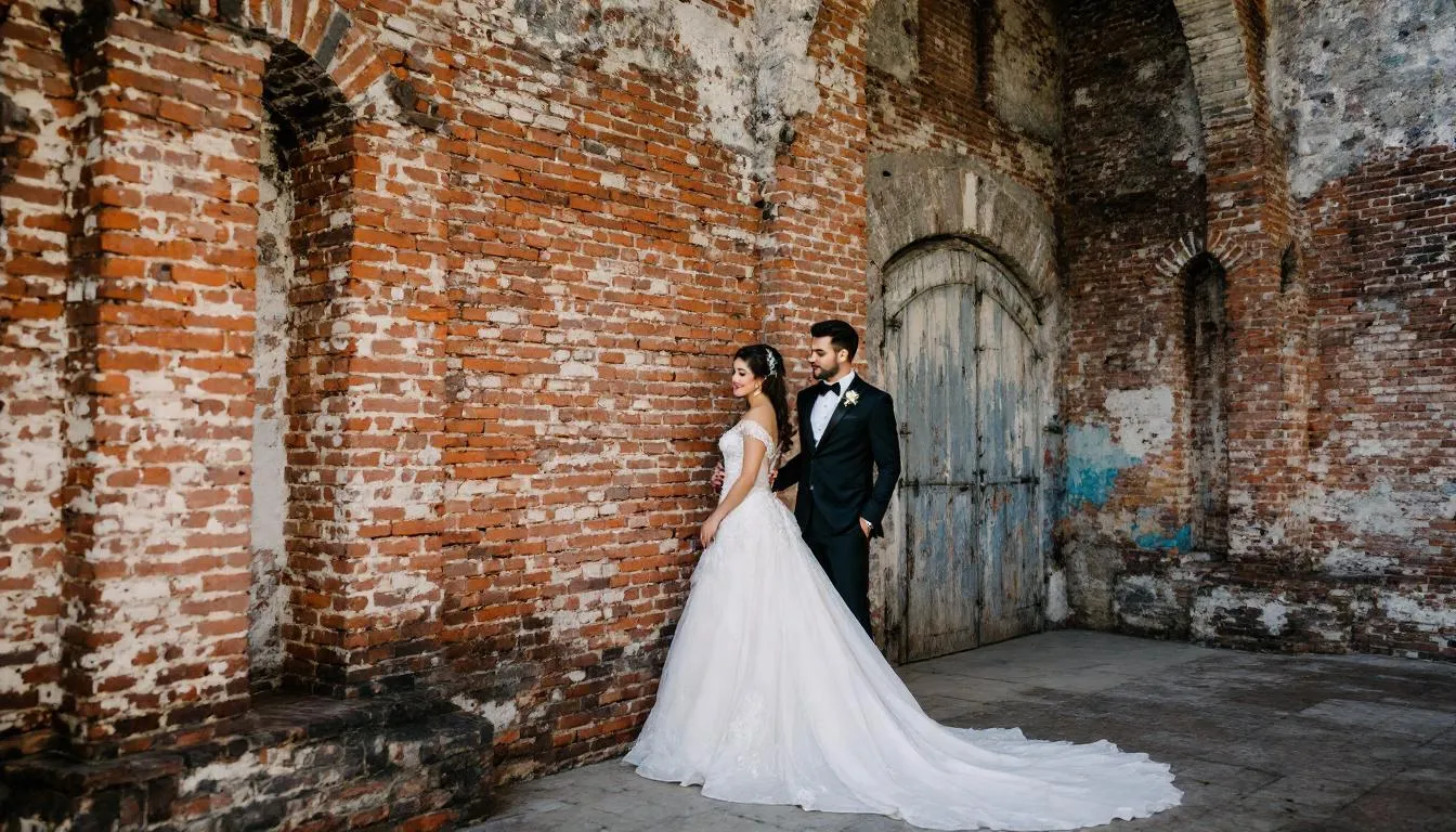 Das Bild zeigt ein Hochzeitspaar in einem rustikalen Ambiente, umgeben von historischen Backsteinmauern. Diese romantische Hochzeitslocation in Frankfurt vermittelt eine besondere Atmosphäre für eine unvergessliche Trauung und Hochzeitsfeier.