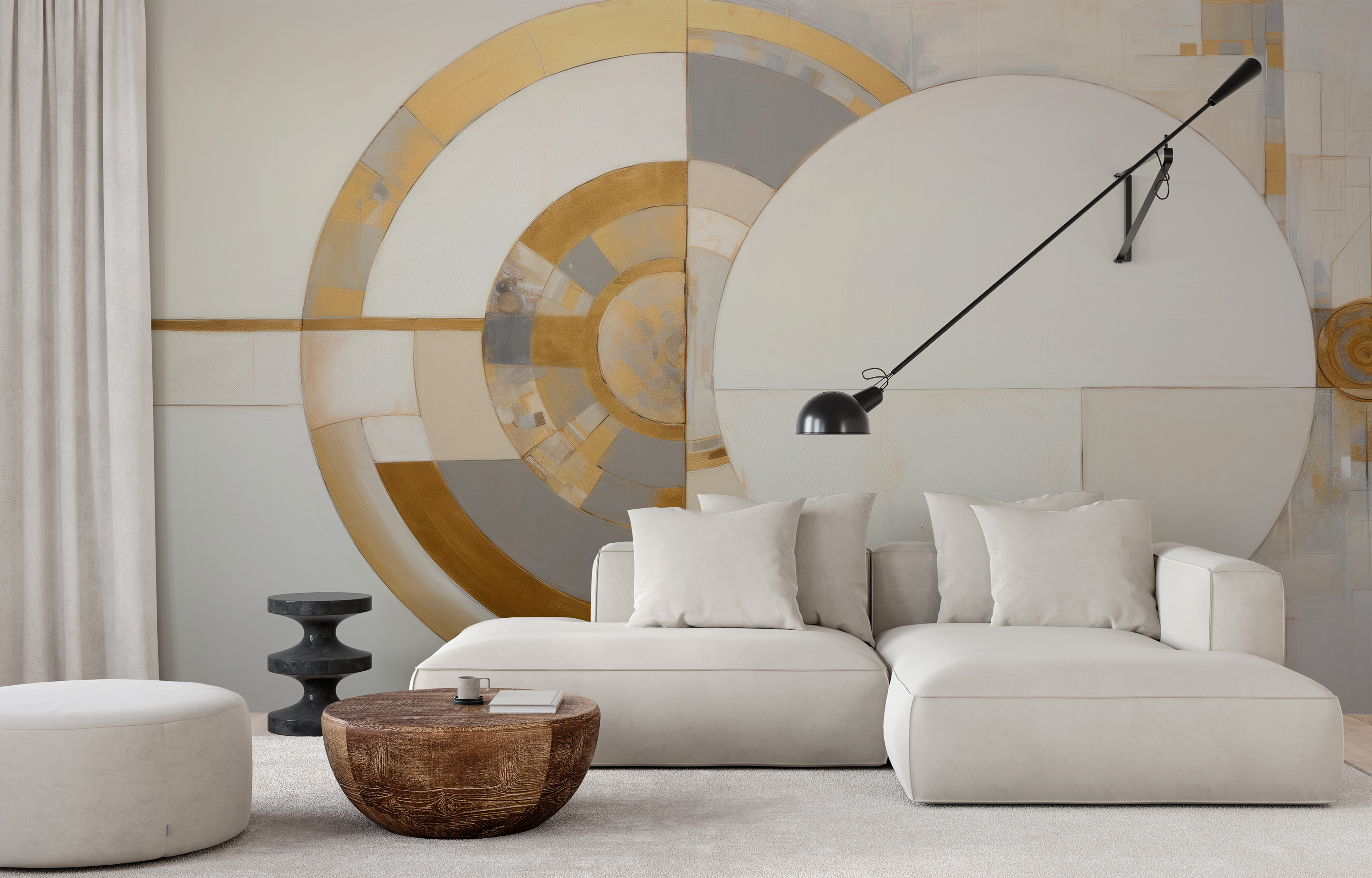 Diese Tapete zeigt ein abstraktes geometrisches Muster mit auffälliger Symmetrie um eine goldene Achse. Das Muster kombiniert Kreise und Bögen in Weiß- und Goldtönen mit dezenten Grautönen und schafft so ein Gefühl von Ausgewogenheit und luxuriöser Raffinesse.