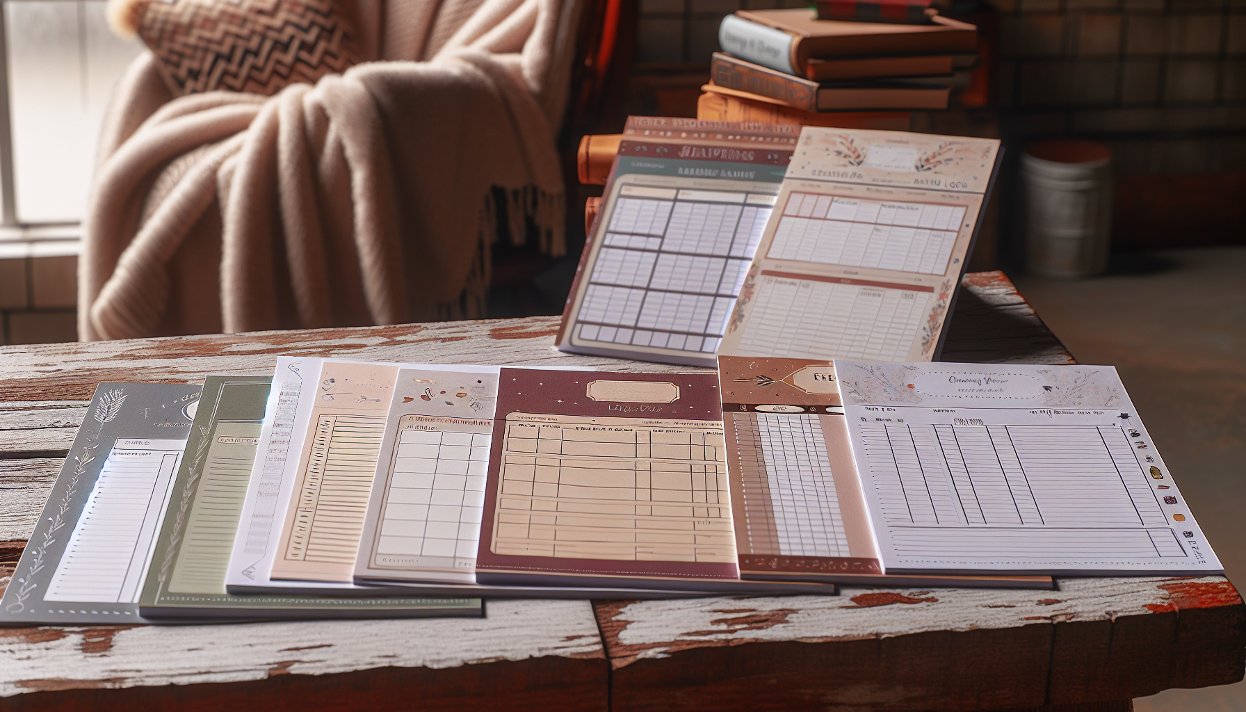 A variety of reading log templates displayed on a desk