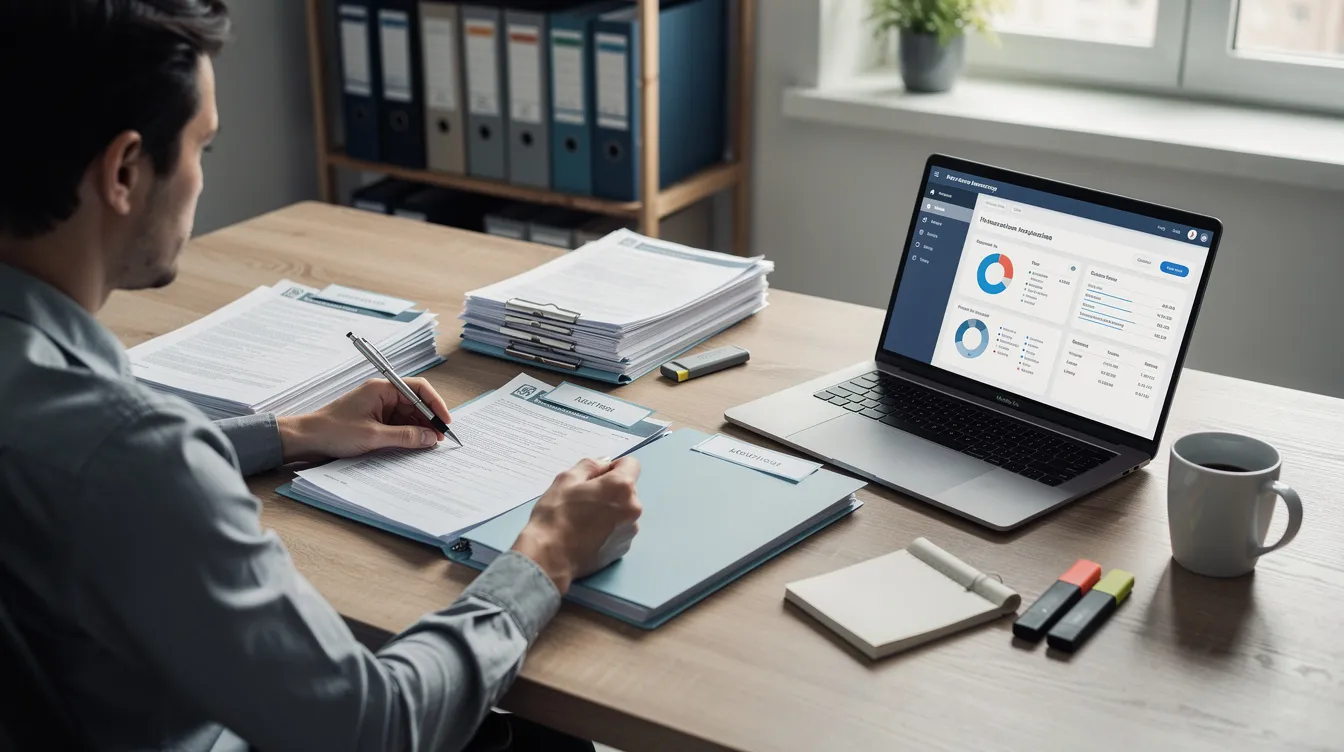 A person sits at a desk, meticulously organizing various insurance paperwork while a laptop is open nearby, suggesting they are preparing to address potential insurance coverage disputes or bad faith insurance claims. The scene reflects the diligence required to navigate issues with their own insurance company, emphasizing the importance of fair dealing in handling personal injury claims.