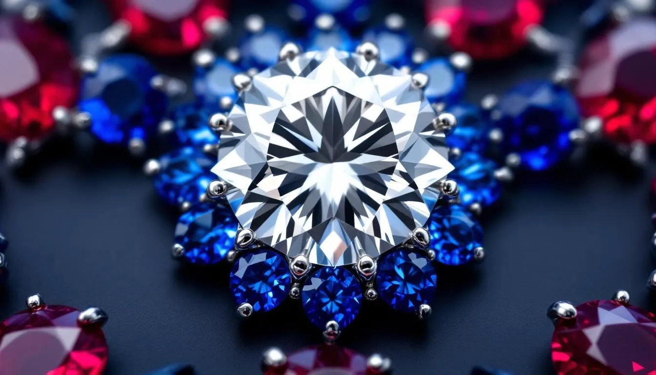A brilliant cut diamond, showcasing its exceptional clarity, is elegantly surrounded by vibrant blue sapphires and rich red rubies, highlighting their color saturation. This stunning gemstone jewellery exemplifies the beauty and durability of harder gemstones on the Mohs hardness scale.