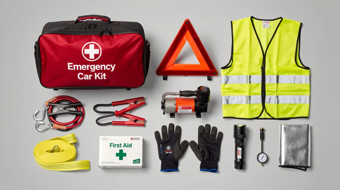 The image depicts a well-organized emergency car kit, containing essential items such as a first aid kit, jumper cables, a flashlight, and a snow brush, all packed in a durable bag. This vehicle emergency kit is designed to prepare drivers for roadside emergencies, ensuring safety and peace of mind while traveling.